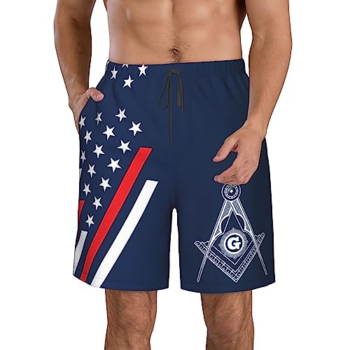 Square and Compasses Masonic Men's Beach Shorts Swim Trunks with Pockets Sports Shorts L2