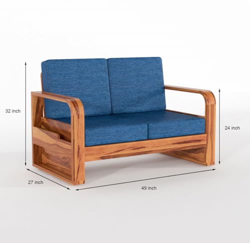 Image of Solid Sheesham Wooden 4 Seater Sofa Set for Living Room | Sofa Set with Side Pocket Storage & Cushion | Rosewood Sofa Set for Home (Honey with Blue Cushion, 4 Seater)