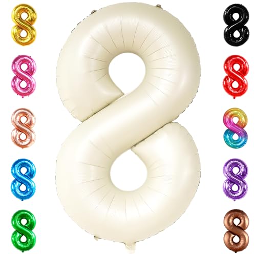Image of KatchOn Cream White Number 8 Balloon 40 Inch | 8th Birthday Decorations for Party, Birthday Balloons 8 Year Old, Eight Balloons Number for 8th Anniversary Party Supplies