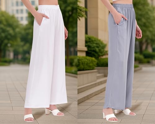 Image of Buy That Trendz Palazzo Pants for Women Cotton Rayon Elasticated Regular Fit Flared Wide Leg M to 6XL Pack of 2