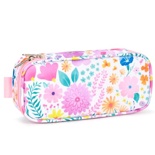 Image of mibasies Girls Pencil Case for Kids, Multi-Slot Pencil Pouch, Flower Pink White