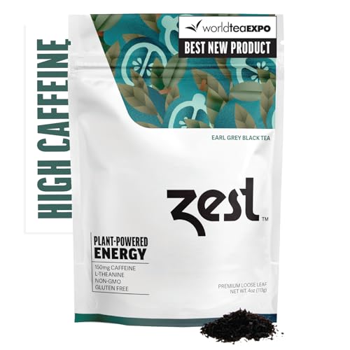 Zest Energy Black Tea - Earl Grey Loose Leaf Blend - High Caffeine Bergamot - Caffeinated Coffee Altnernative/Substitute - Natural, Non-GMO &amp; Keto Friendly - Hot or Iced - 50 Servings - 150mg Caf