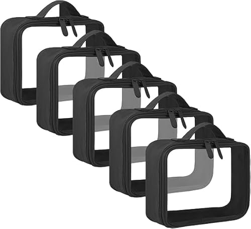 ANRUI TSA Approved Toiletry Bag with Handle Strap, Clear Travel Liquids Toiletries & Cosmetics Organizer Carry-On Luggage for Women and Men 5 Pack (Same Size) - Black