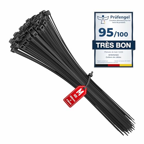 intervisio Collier de Serrage 300 mm x 4,8 mm, Attache Câble, Serre Câbles Rilsan Nylon, Colliers Serre-Cable 300mm, Noir, Lot de 100 Pièces