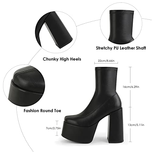 Easyfox Black Platform Boots For Women Chunky Heel Slip On Boots Heeled Mid Calf Boots Slip On Round Toe Elastic Pu Leather Womens Boots Shoes Size 8.5 #TOP6