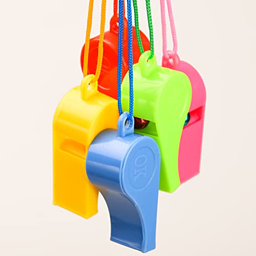 Lezevn 120 Pieces Neon Whistles with Lanyards Plastic Multicolor Whistles Sports and Party Bag Fillers (120) - Image 2