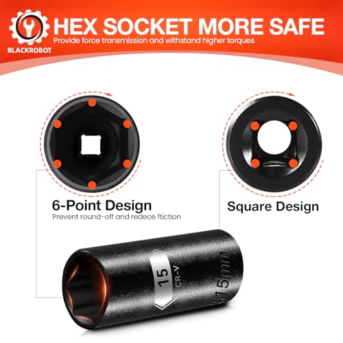 Image of BLACKROBOT 1 /2 Inch Drive 6-Point Deep Socket, 15mm Deep Impact Socket, CR-V Steel