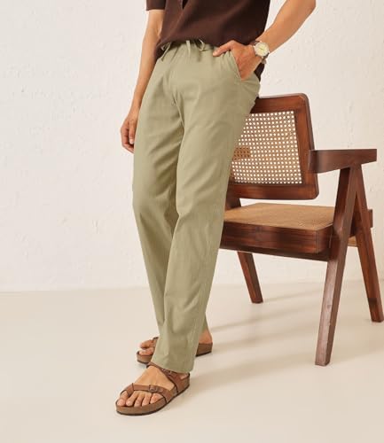 Image of Majestic Man Men's Premium Linen Blend Pants | Lightweight Fabric | Elastic Waist with Drawstring | Regular Fit | Side, Back Pockets | Perfect for Casual, Holidays & Travel