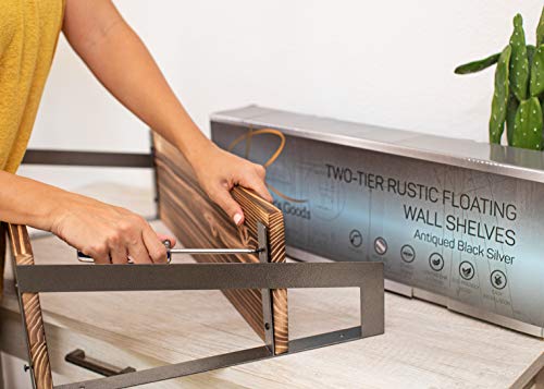 Peter's Goods 2-Tier Modern Rustic Floating Wall Shelves, Antiqued Silver - Wall Mounted Torched Cedar Wood Shelf - Use In Living Room, Office, Entryway, Bathroom & More - Modern Farmhouse Style Decor #TOP4