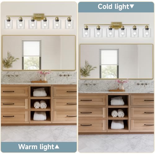 Image of Modern Brushed Gold 6 Light Bathroom Light Fixtures,38 inch Vanity Lights for Bathroom with Clear Glass, Vanity Light for Mirror Kitchen Living Room Hallway Cabinet Porch