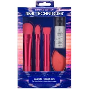 REAL TECHNIQUES Techniques Limited Edition Sparkle + Sleigh Makeup Brush & Sponge Kit, Spone Blender Face Brushes For…