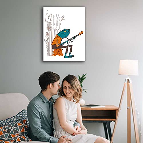 Na Funny Frog Poster Canvas Print 12" X 16" Unframed Kawaii Animal Frogs Painting And Guitar Art For Living Room Bathroom Bathroom Wall Decor #TOP5