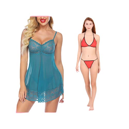 Mysli Nighty Women's Polyester & Lace Floral Above Knee Baby Doll Dress/Wedding, Anniversary & Honeymoon Special/First Night Clothes for Girls & Women Combo (Pack of 2)