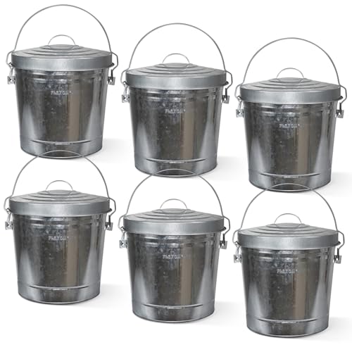 Image of Plexon 6 Gallon Outdoor Trash Can with Lid Galvanized Metal Bucket with Locking Lid for Poultry Feed Bird Seed Storage Ash Small Garbage Can, 6 Pack