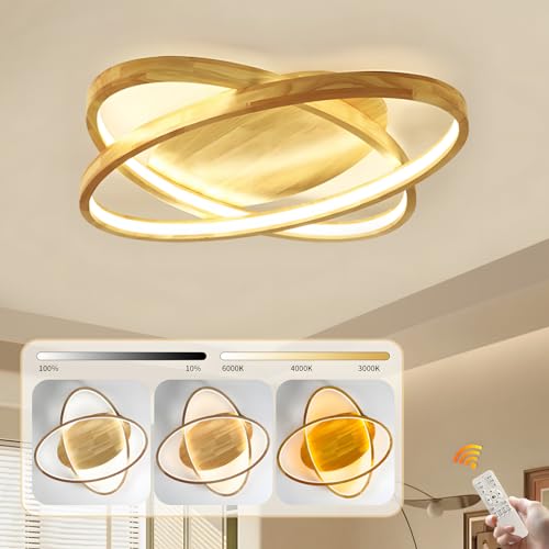 YYUTLUO Plafoniera A LED, Lampada Da Soffitto In Legno, 2 Anelli Tondi Ø52cm / 50W, Dimmerabile Con Telecomando, Lampada Ovale Sottile Da Camera Da Letto, Plafoniera Con Paralume In Legno Acrilico