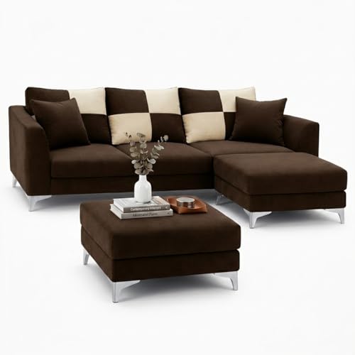 Image of Juliet 4 Seater L Shape Sofa Set with Movable Ottomans | Flexible Layout | Rich Velvet Suede Fabric | Silver Legs | Modern Sofa for Living Room (Dark Brown)