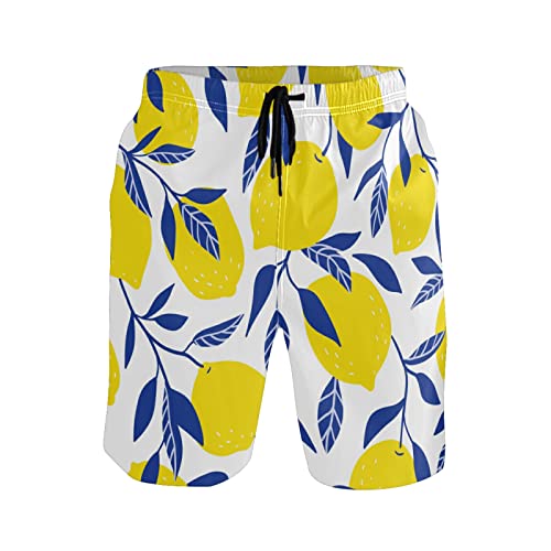 susiyo Yellow Lemon Blue Leaves Men's Beachwear Swim Trunks Quick Dry Bathing Suits with Mesh Lining and Pockets