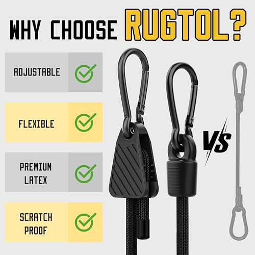 Image of Rugtol Adjustable Bungee Cords with Hooks, 6 Pack Heavy Duty Outdoor Carabiner Bungee Cord, Black Super Elastic Bungee Straps Easily Adjust from 7 inch to 80 inch, Great for Cargo, Camping, Bike Racks, Tents