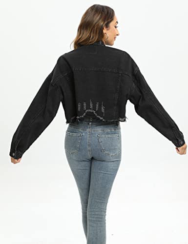 Gacaky Womens Casual Solid Color Ripped Distressed Cropped Denim Jean Jacket Coat With Frayed Hem3