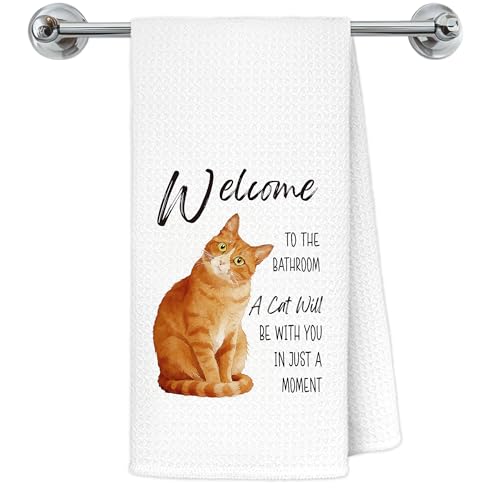 Exqcom Funny Orange Tabby Cat Bathroom Hand Towels, Cat Lovers Mom Dad Lady Gifts, Welcome to The Bathroom Orange Kitten Decorative Hand Towels for Washroom Restroom, 16x24 Inch