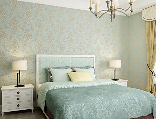 Wallpaper Peel And Stick Modern European Style 3D Embossed Damask Wallpaper Self Adhesive Contact Paper Removable Non-Woven For Bedroom Living Room Wall Covering 20.8" X 197" Light Blue #TOP4