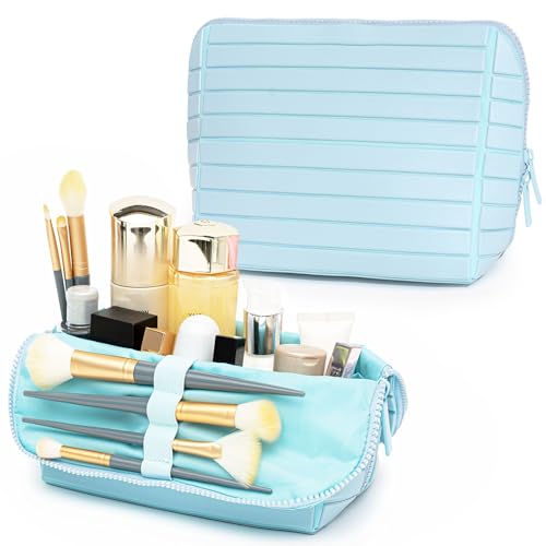 Trousse de maquillage imperméable en cuir synthétique bleu taille M pliable