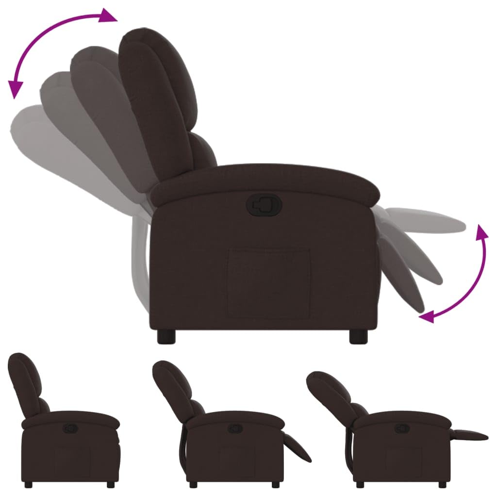 Fotel relaksacyjny ciemnobrązowy materiał z regulowanym oparciem i podnóżkiem, drewniana metalowa rama, ergonomiczne siedzisko i szerokie podłokietniki, idealny do salonu, biura, czytania i