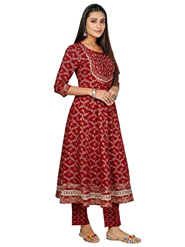 Image of Vbuyz Women's Printed & Handwork Anarkali Cotton Kurta with Pant & Dupatta | Kurta Set For Women | Suit Set For Women | Kurti Dress Set | Cotton Fabric Set