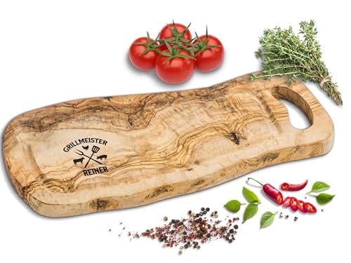 ROZTFYR Schneidebrett Olivenholz [+ PERSONALISIERT] | Grillbrett | Grill Geschenke für Männer | Grill Zubehör | Personalisierte Geschenke Männer | Holzbrett mit Gravur | Servierbrett