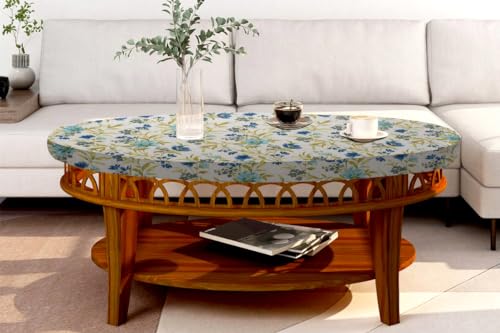 Image of The Furnishing Tree Elastic Cotton Oval Center Table Cover 16x48 in Inches Floral Blue Leaf on offwhite Base