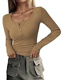 DUOEASE Camiseta Mujer Cuello Crew Sexy Botones Elástica Top Básica Otoño Casual Slim-fit Cáqui-L