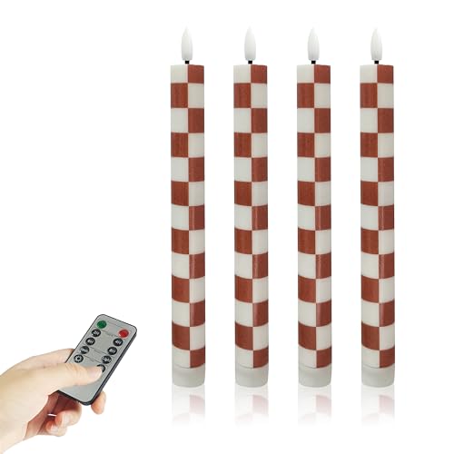 Image of Checkerboard LED Taper Candles 4PCS - Flameless Brown and White Chess Pattern Candle Set, 10inch Battery Operated Candlesticks Decorative Tapers for Wedding Party Holiday Decor Safe Ambient Lighting