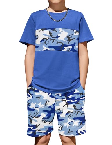 Image of Arshiner Boys' 2-Piece Cotton Outfit Color Block T-Shirt and Shorts Set Summer Camo Clothes for Kids 5-14 Years