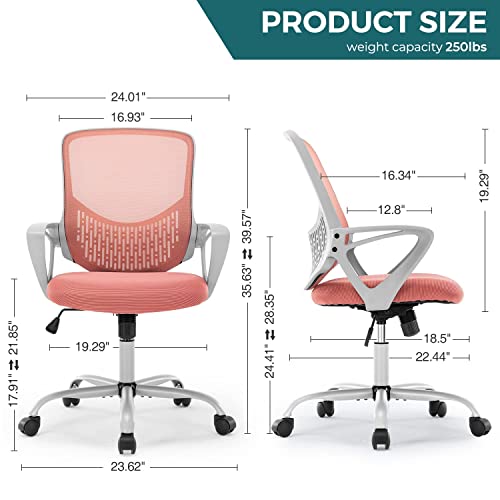 Office Chair Desk Chair Computer Chair Ergonomic Office Chair Mesh Computer Desk Chair With Lumbar Support Armrest, Executive Height Adjustable Mid Back Swivel Task Chair For Adults Women, Pink #TOP2