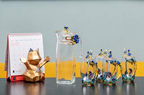 Crystal Glass 3D Butterfly Flower Tea Cups, Coffee Cup Mug Set, Including 4 Fancy Glass Teacup with Spoon & Flower Tea Steeping Mug with Lid, Gift Box Package, A Great Gift Present Idea. (Blue 12oz)