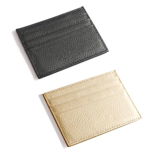 Image of Pack of 2, Genuine Leather Credit Card Holder, Small Wallet Black & Beige