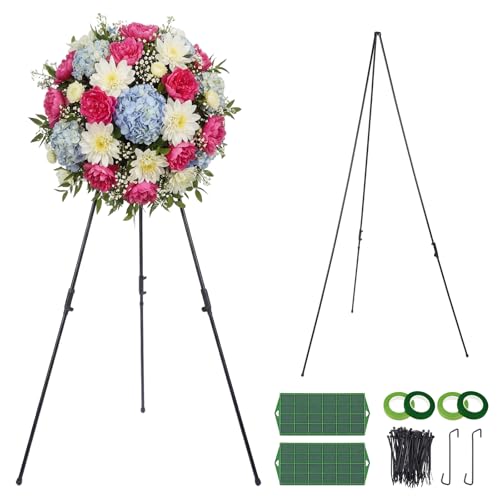 Teecyhooo 1 Set 65 Wreath Stands Making Tool Kit Metal Floral Easel with Floral Foam Cage Collapsible Wreath and Flowers Arrangement Stand for Grave Holiday Indoor Outdoor Decor