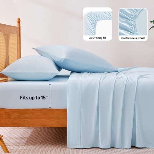 Amazon Basics Cooling Sheets, 4-Piece Bed Sheet Set for Summer, Soft and Breathable for Hot Sleepers, Bedding with 1 Deep Pocket Fitted Sheet, 1 Flat Sheet, and 2 Pillowcases, Queen, Blue - 3