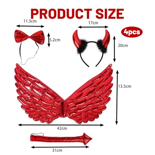 4 Pc Devil Costume Set for Girls, Devil Horns Headband with Bow Tie, Devil Tail and Wings, Kids Devil Outfit for Halloween Costume Parties, Carnival Dress Up and Role Play Events Halloween costume