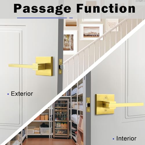 Image of Orger 1 Pack Gold Square Passage Door Handle, Non-Locking Door Lock, Door Lever for Closet and Hallway