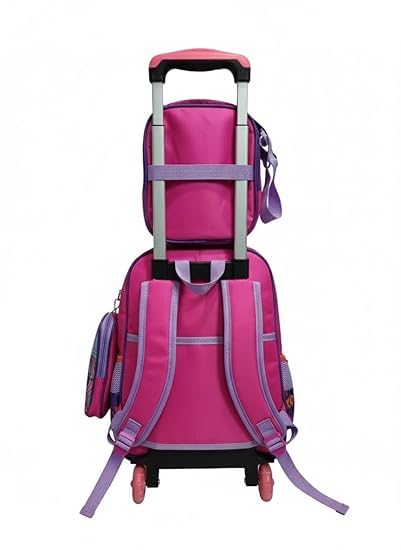 Image of Kids 17 Inch School Backpack Combo Set - Lunch Box Bag & Stationery Pouch | Trolley Bag with 2 Wheels | Durable Polyester Carry-on Travel & School Bag for Boys (Pink 2)