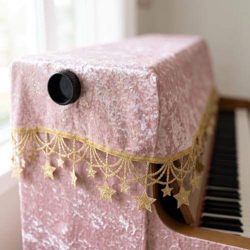 Funda para piano vertical rosa con estrellas doradas y cubierta de taburete doble 6