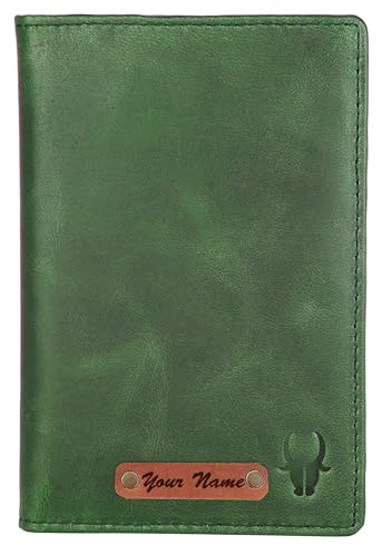 Image of WildHorn Customizable Leather Passport Cover /Case for Gifting | Engrave with Your Name, Company Name or Initials (Light Green Crunch)