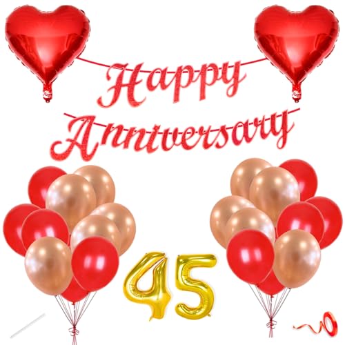 Image of Flyloons 45th Happy Anniversary Decoration Items Red Rose Gold for Men Women Husband Wife Mom Dad Parent Couple Home Bedroom Car With 20 Pcs Metallic Balloons Anniversary Banner 2 Pcs Heart Set Kit