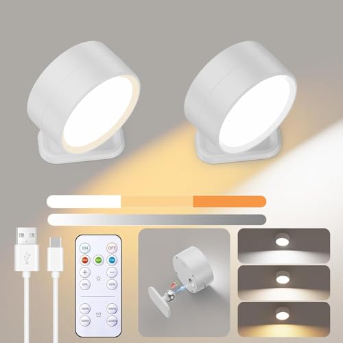 La mejor selección de Focos para la pared Top 5. 41 2 Pack Aplique de pared LED, luminaria de montaje en pared recargable con 2200mAh pilas, 3 colores y 3 niveles de brillo, bola magnética giratoria 360°, para dormitorios estudio