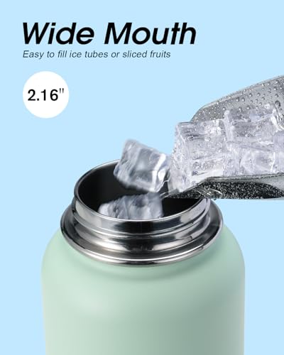 Water Bottle 32 oz Insulated with Straw, Coolflask Stainless Steel Metal 3 Lids Water Flask Wide Mouth for Sports or Office, Non-BPA Keep Cold Up to 48 Hrs or Hot Up to 24 Hrs, Ombre Green