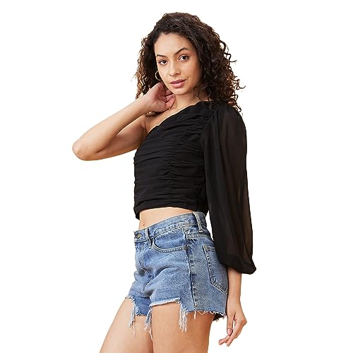 Image of Globus Women Black Solid One Shoulder Party Top-3638308004