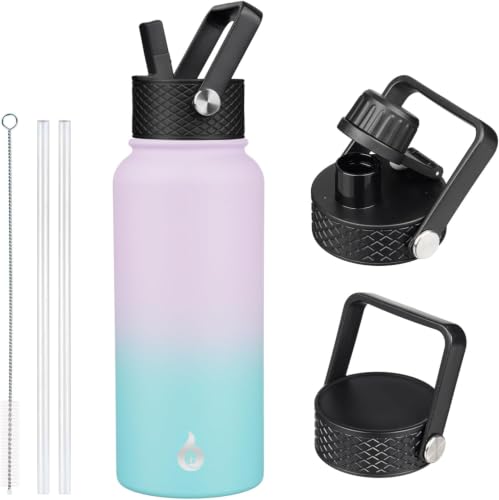 Image of BJPKPK Insulated Water Bottles with Straw Lid, 32oz Metal Large Water Bottle with 3 Lids, Reusable Leak Proof BPA Free Thermos, Stainless Steel Canteen Water Bottle for Sports, Gym & Travel-Oasis