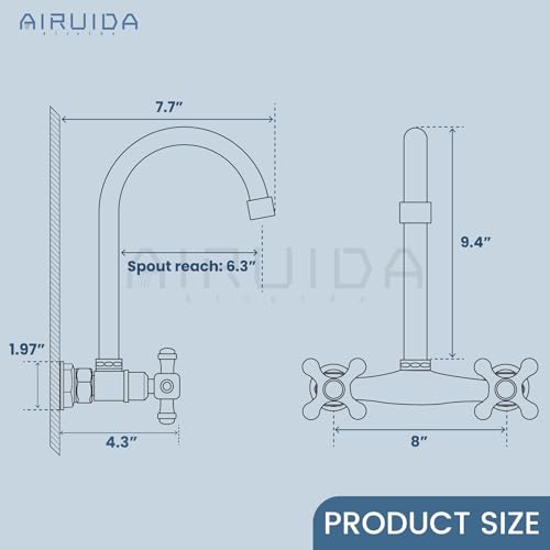 Airuida Chrome Polish Wall Mounted Kitchen Sink Faucet Wall Mounted Commercial Kitchen Faucet Wall Mount 8 Inches Center Faucet, 360 Degree Swivel Spout Mixer Laundry Restaurat Tap with Female Thread