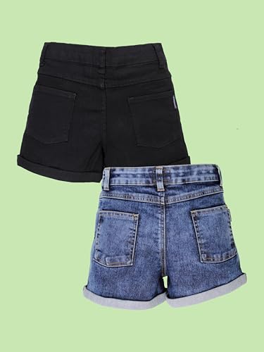 Image of KiddoPanti Girls Tight Length Rollup Denim Shorts with Lavender and Pink 3D Crochet Flowers
